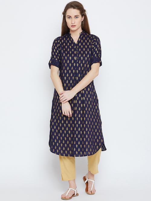 foil printed navy blue straight kurta - 15814345 - Very Small Image - 1