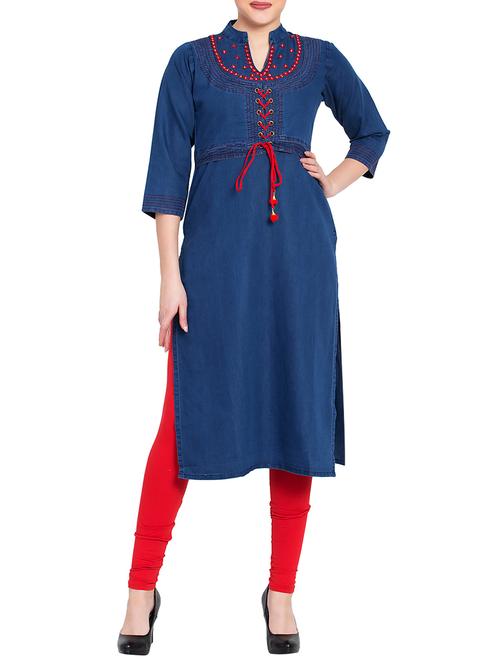 denim drawstring detail straight kurta - 15815492 - Very Small Image - 1