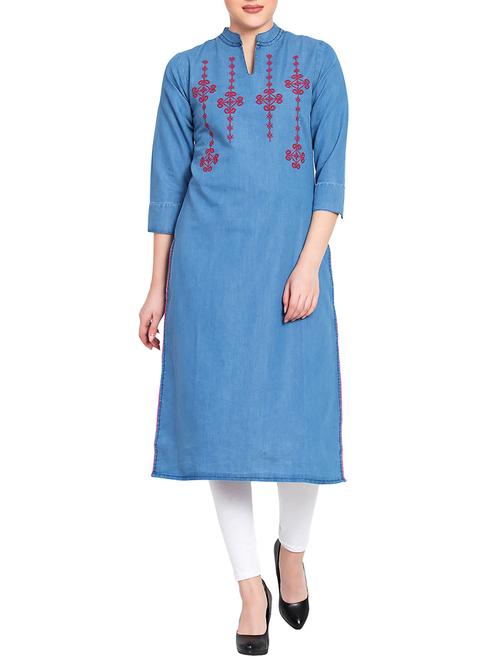 denim embroidered straight kurta - 15815558 - Very Small Image - 1