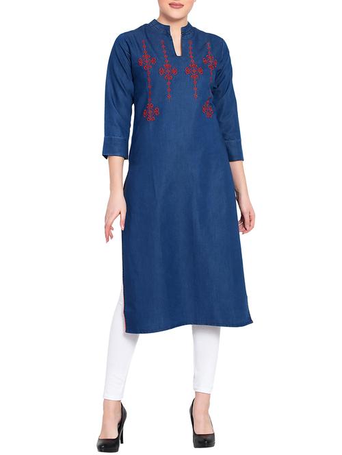 denim embroidered straight kurta - 15815575 - Very Small Image - 1