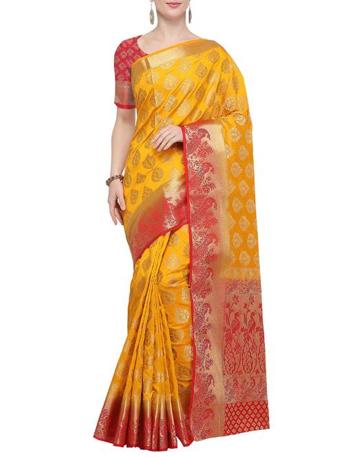 contrast zari border kanjivaram saree with blouse - 15815807 - Very Small Image - 1