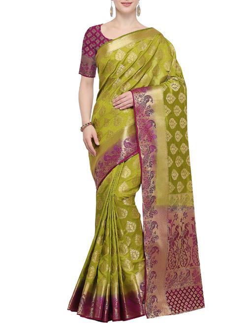 contrast zari border kanjivaram saree with blouse - 15815808 - Very Small Image - 1