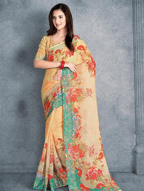 digital floral printed linen saree with blouse - 15817375 - Very Small Image - 1