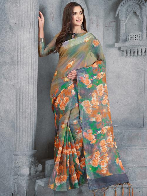 digital floral printed linen saree with blouse - 15817380 - Very Small Image - 1