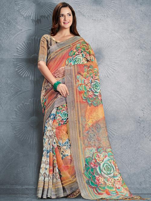 digital floral printed linen saree with blouse - 15817382 - Very Small Image - 1