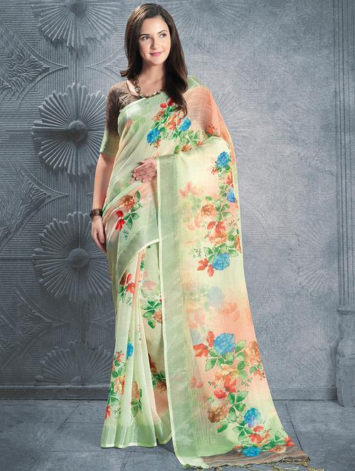 digital floral printed linen saree with blouse - 15817383 - Very Small Image - 1