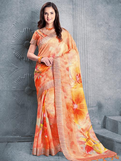 digital floral printed linen saree with blouse - 15817385 - Very Small Image - 1
