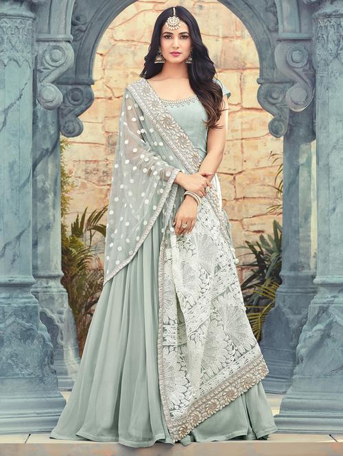 embroidered semi-stitched flared suit - 15817421 - Very Small Image - 1