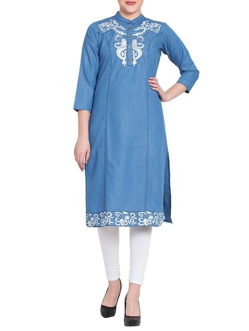 denim embroidered straight kurta - 15817968 - Very Small Image - 1