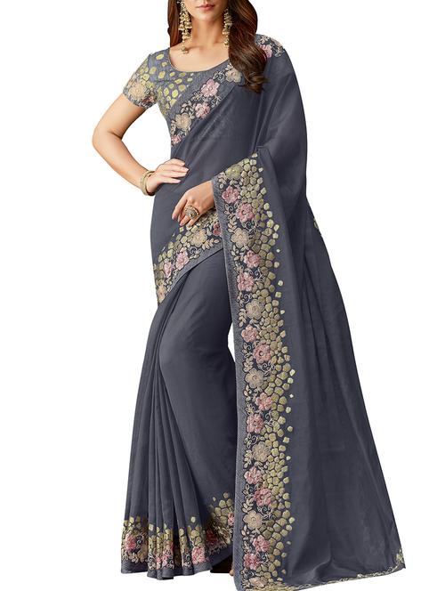 floral embroidered tissue saree with blouse - 15818097 - Very Small Image - 1