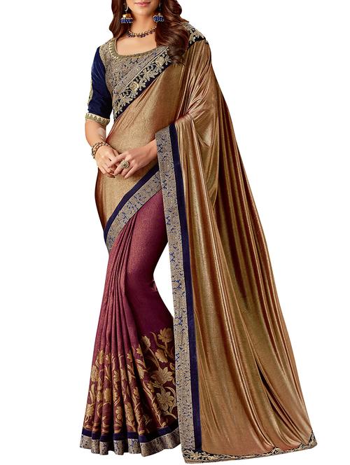 floral zari motif half and half saree with blouse - 15818104 - Very Small Image - 1