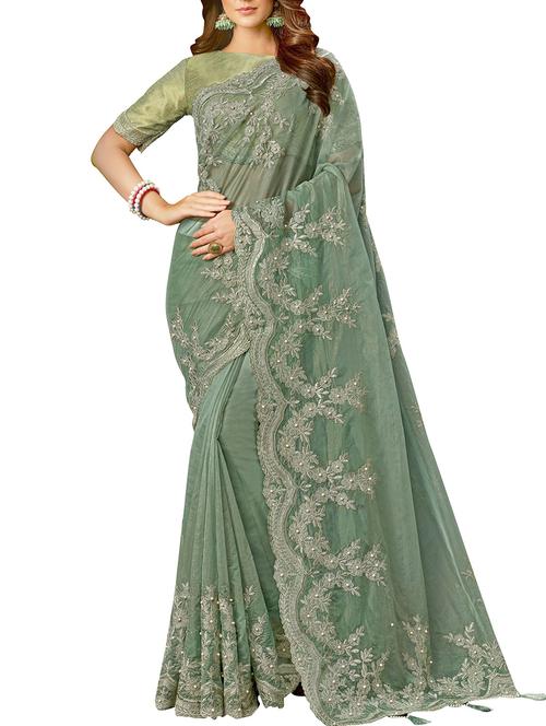 floral embroidered tissue saree with blouse - 15818208 - Very Small Image - 1