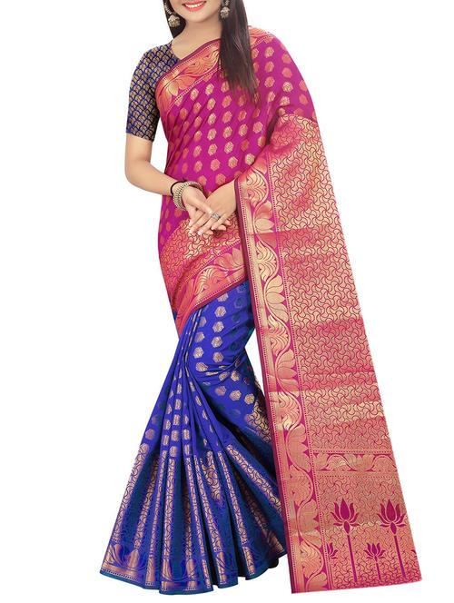 half and half zari magenta banarasi saree with blouse - 15819449 - Very Small Image - 1
