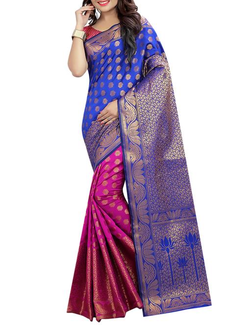 half and half zari royal blue banarasi saree with blouse - 15819451 - Very Small Image - 1