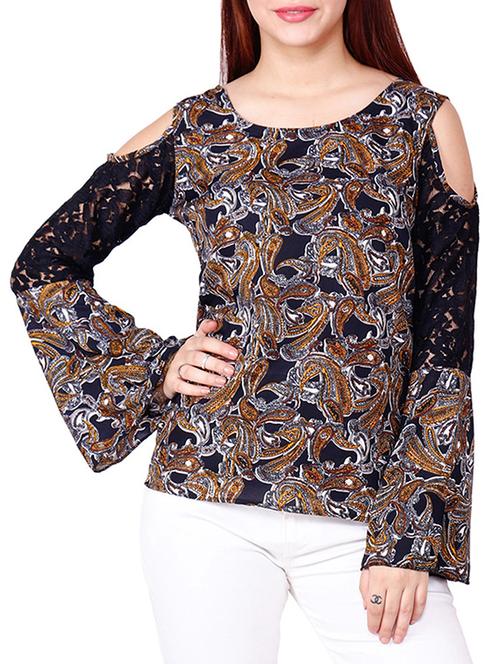 cold shoulder lace panel paisley top - 15819520 - Very Small Image - 1