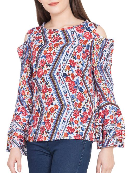 cold shoulder floral bell sleeved top - 15819529 - Very Small Image - 1