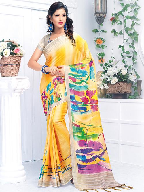 floral printed linen saree with blouse - 15821826 - Very Small Image - 1