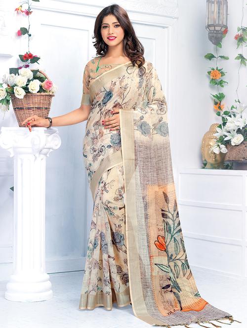 floral printed linen saree with blouse - 15821827 - Very Small Image - 1