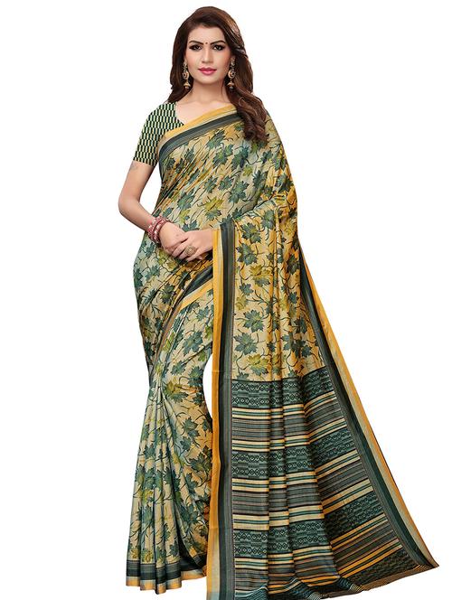 leaf printed silk blend saree with blouse - 15821835 - Very Small Image - 1