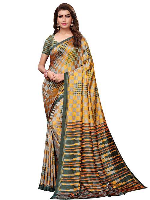 checkered printed art silk saree with blouse - 15821855 - Very Small Image - 1