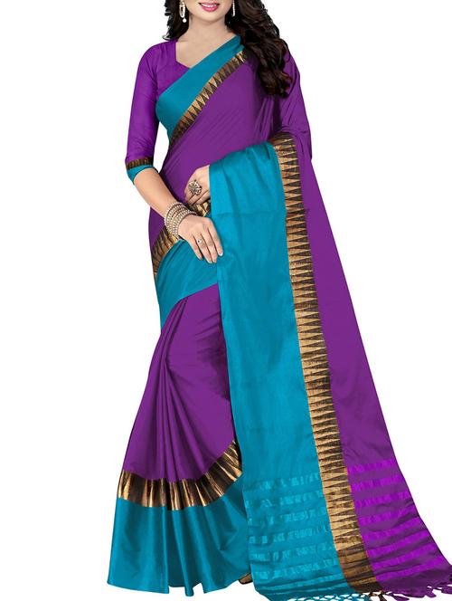 contrast zari temple border woven saree with blouse - 15822526 - Very Small Image - 1