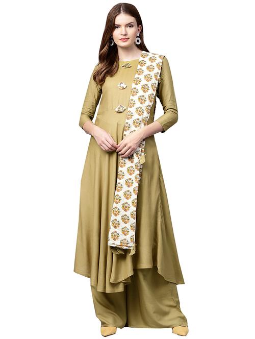solid flared kurta palazzo with dupatta set - 15823599 - Very Small Image - 1