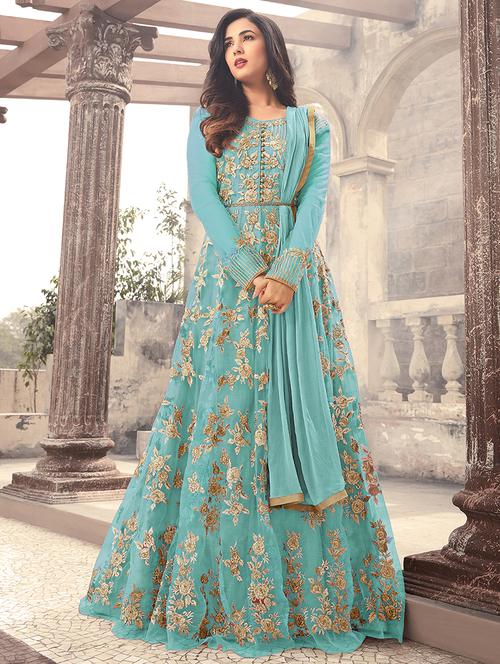 floral embroidered semi-stitched anarkali suit - 15823773 - Very Small Image - 1