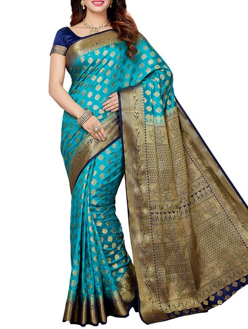 floral zari motif turquoise banarasi saree with blouse - 15825166 - Very Small Image - 1