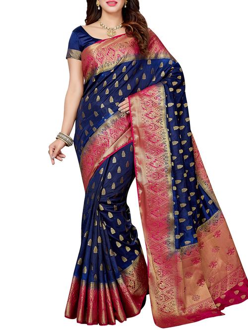 contrast zari border navy blue banarasi saree with blouse - 15825168 - Very Small Image - 1