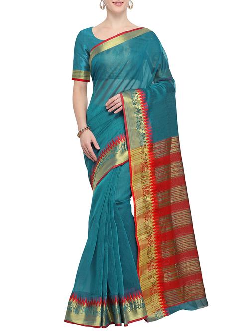 zari border turquoise woven saree with blouse - 15826266 - Very Small Image - 1