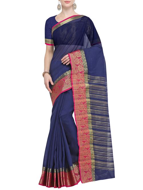 floral zari border navy blue woven saree with blouse - 15826268 - Very Small Image - 1