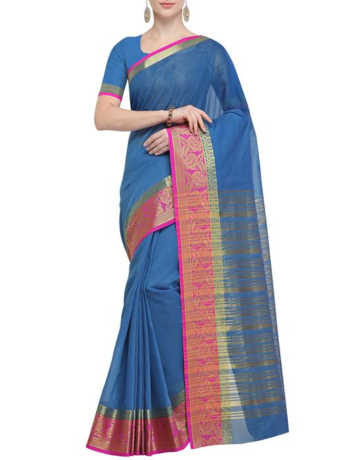 floral zari border blue woven saree with blouse - 15826270 - Very Small Image - 1