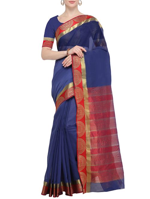 zari border navy blue woven saree with blouse - 15826274 - Very Small Image - 1
