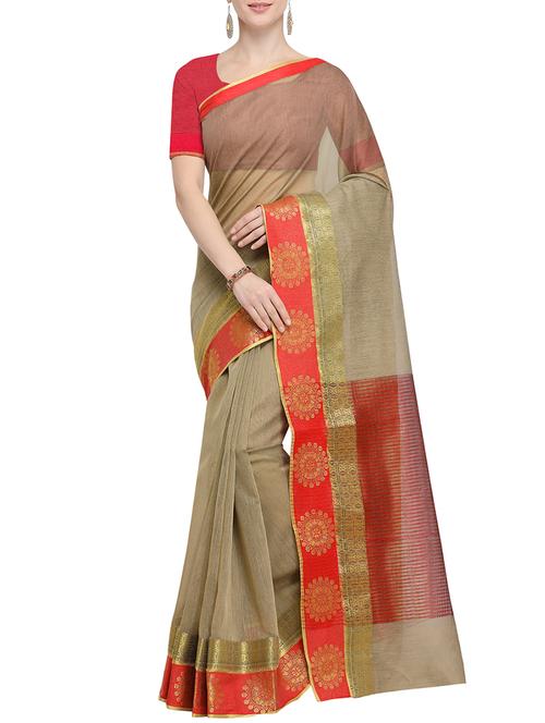 contrast zari border beige woven saree with blouse - 15826277 - Very Small Image - 1