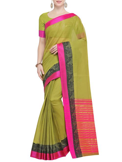 contrast border mehandi woven saree with blouse - 15826282 - Very Small Image - 1