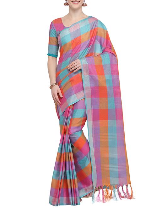 contrast shades checkered woven saree with blouse - 15826283 - Very Small Image - 1