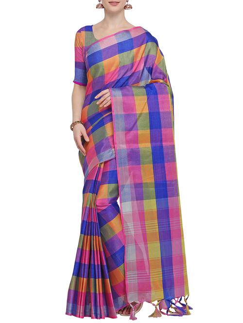 contrast shades checkered woven saree with blouse - 15826284 - Very Small Image - 1