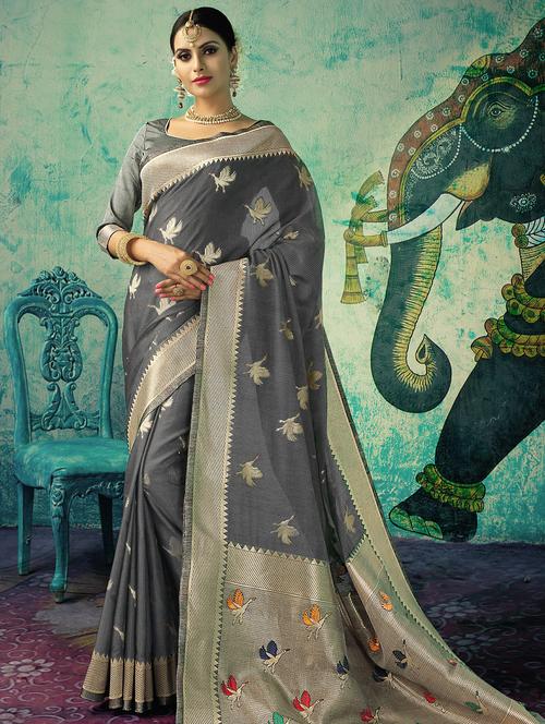 conversational zari motif grey banarasi saree - 15826778 - Very Small Image - 1