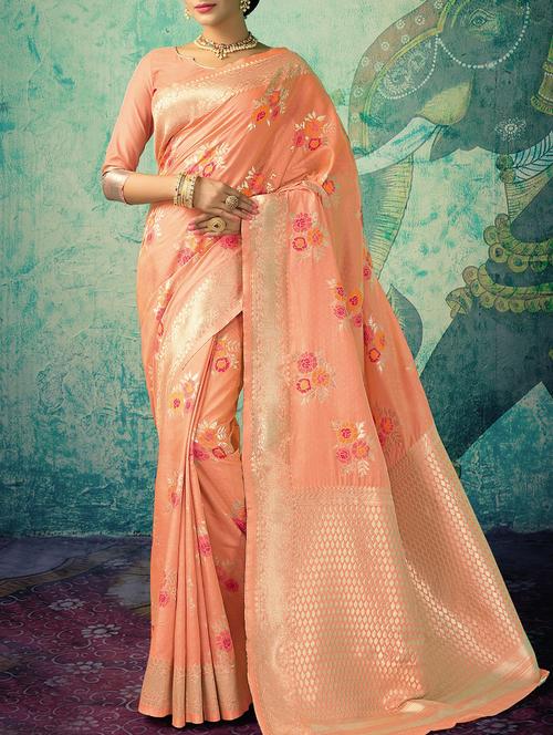 floral zari motif peach banarasi saree with blouse - 15826779 - Very Small Image - 1