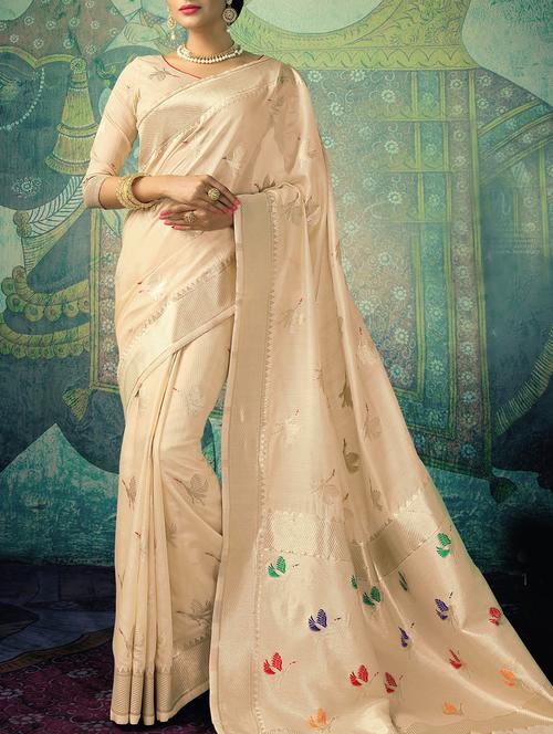 conversational zari motif cream banarasi saree with blouse - 15826781 - Very Small Image - 1