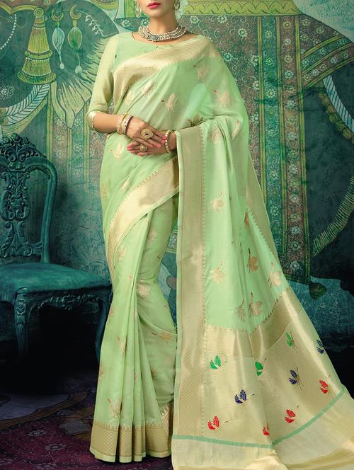conversational zari motif pista green banarasi saree with blouse - 15826783 - Very Small Image - 1