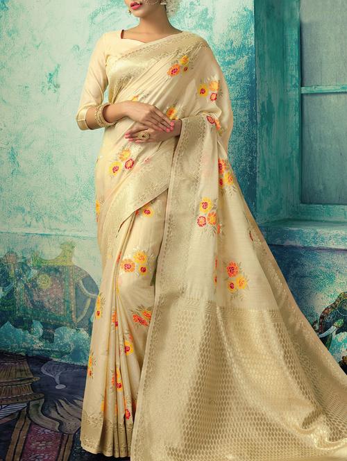 floral zari motif cream banarasi saree - 15826788 - Very Small Image - 1