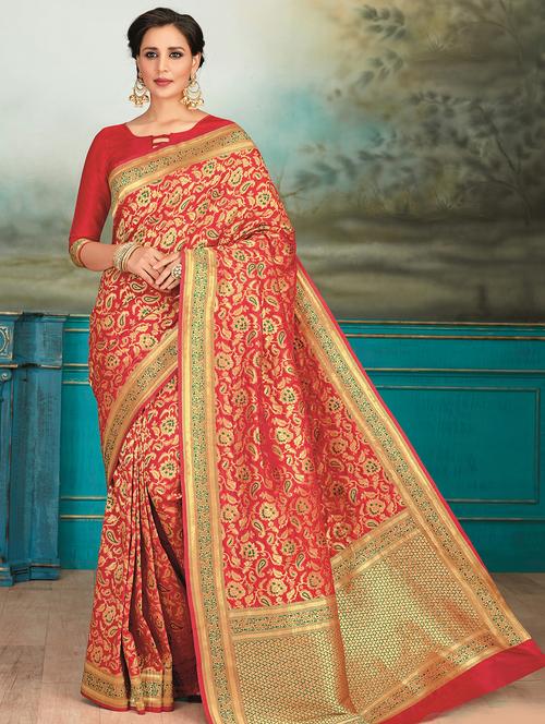 floral zari motif red banarasi saree with blouse - 15826790 - Very Small Image - 1