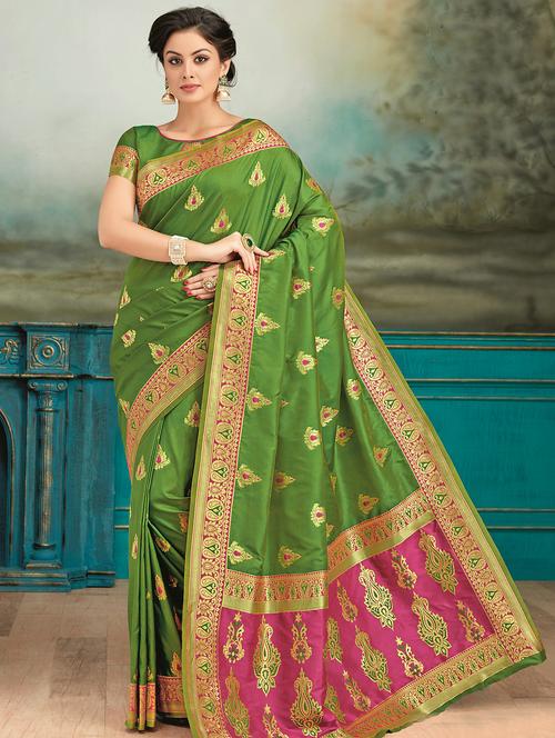 contrast zari pallu mehandi banarasi saree - 15826795 - Very Small Image - 1