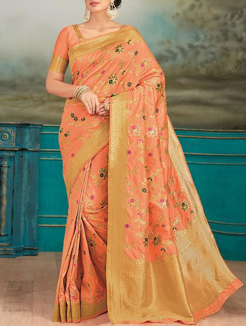 floral zari motif peach banarasi saree - 15826796 - Very Small Image - 1
