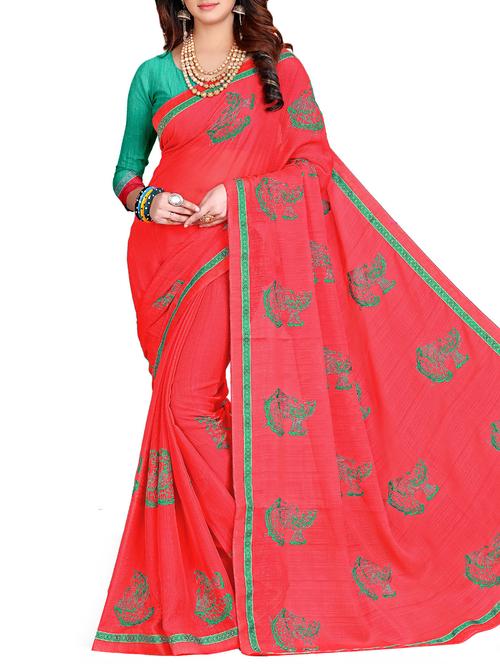 conversational coral red embroidered saree with blouse - 15826803 - Very Small Image - 1
