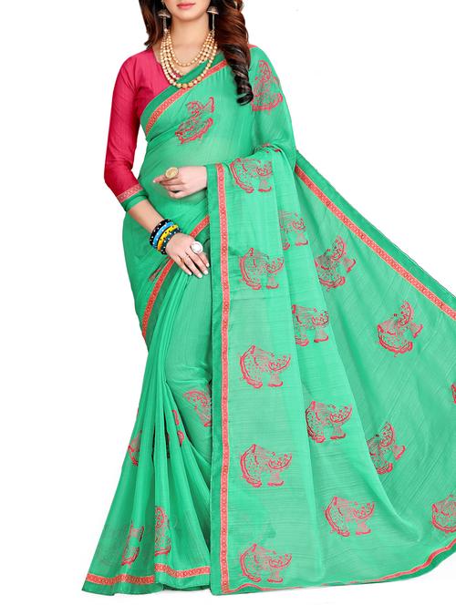 conversational turquoise embroidered saree with blouse - 15826804 - Very Small Image - 1
