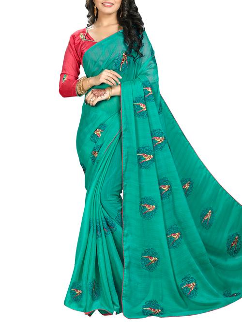 conversational turquoise thread embroidered saree - 15826895 - Very Small Image - 1