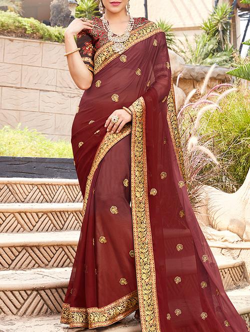 floral embroidered saree with blouse - 15830220 - Very Small Image - 1