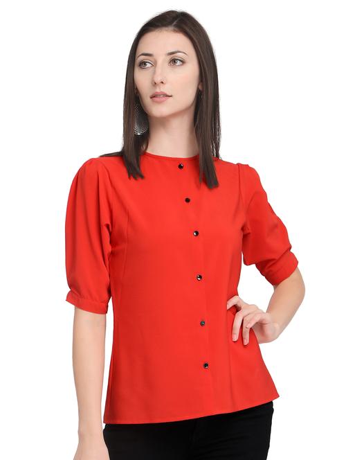 contrast button detail puff sleeved top - 15830236 - Very Small Image - 1